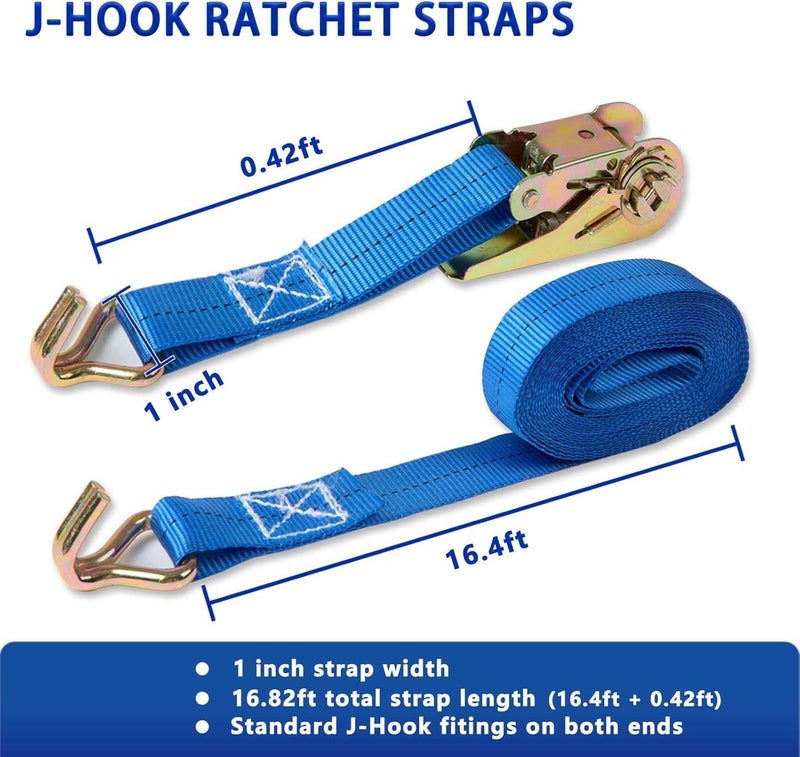 Sweecomb Ratchet Straps (4-Pack), 1 Inch x 16.4 Feet (2200lb Break Strength) with Sturdy Metal Hooks, 1x Work Gloves, Heavy Duty Tie Down Straps for Truck, Cargo Trailer, Motorcycle, Luggage, Moving (Blue) - Image 2